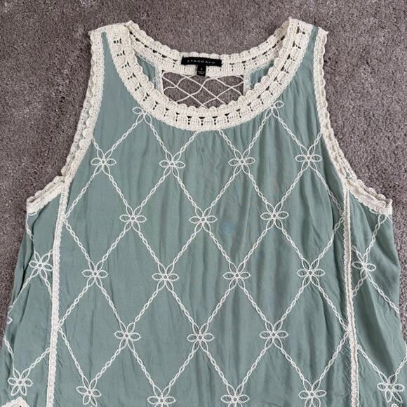 Crochet Embroidered Bohemian Tank Top Size S Sage Green Cream Sleeveless Blouse - Picture 2 of 4